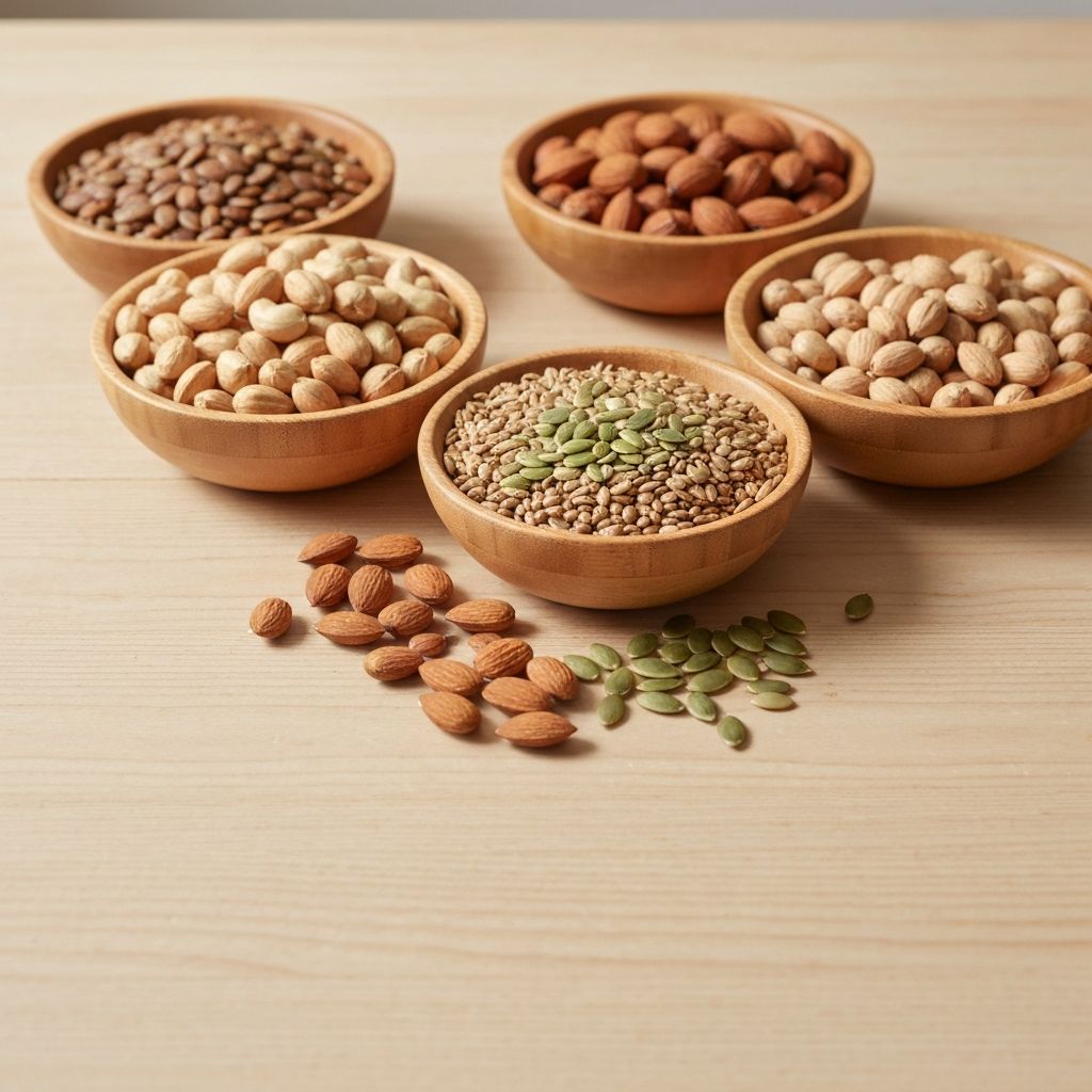 Nüsse und Samen in Holzschalen